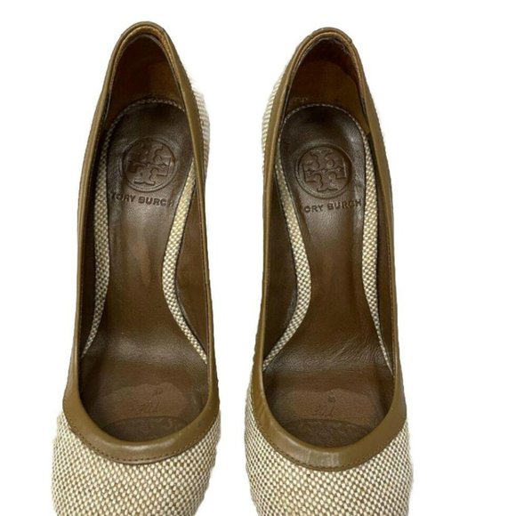 TORY BURCH Brown Leather Fabric Wicker Wedge Heel Shoes Women's Size 6 1/2 (6.5) - Picture 2 of 7